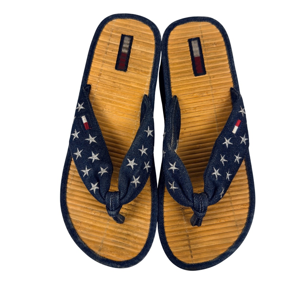Y2K Chunky Tommy Hilfiger Denim Star Platform Flip Flop Sandals Bamboo Straw 8M
